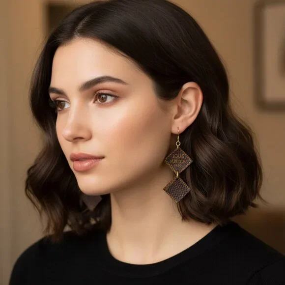 Upcycled Designer Canvas Earrings - 925 Silver Hooks | French Luxury Jewelry - Picture 2 of 11